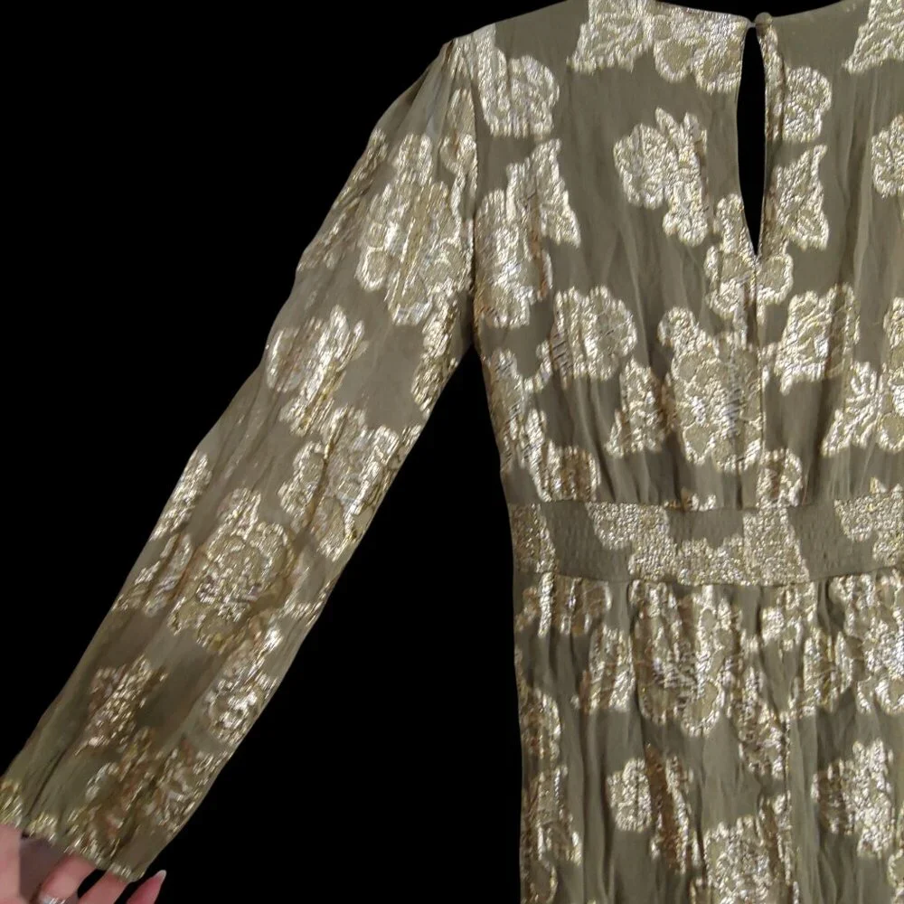 EN CRÈME V-neck Kimono Sleeve Maxi Gold Metallic Dress Boho L - Picture 7 of 12